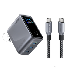 Anker Prime Charger (160W, 3 Ports, Smart Display) with Anker Prime USB-C to USB-C Cable (240W, Upcycled-Braided)