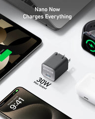 Anker Nano Charger (30W) and New Nylon USB-C to USB-C 100W Cable (10 ft)