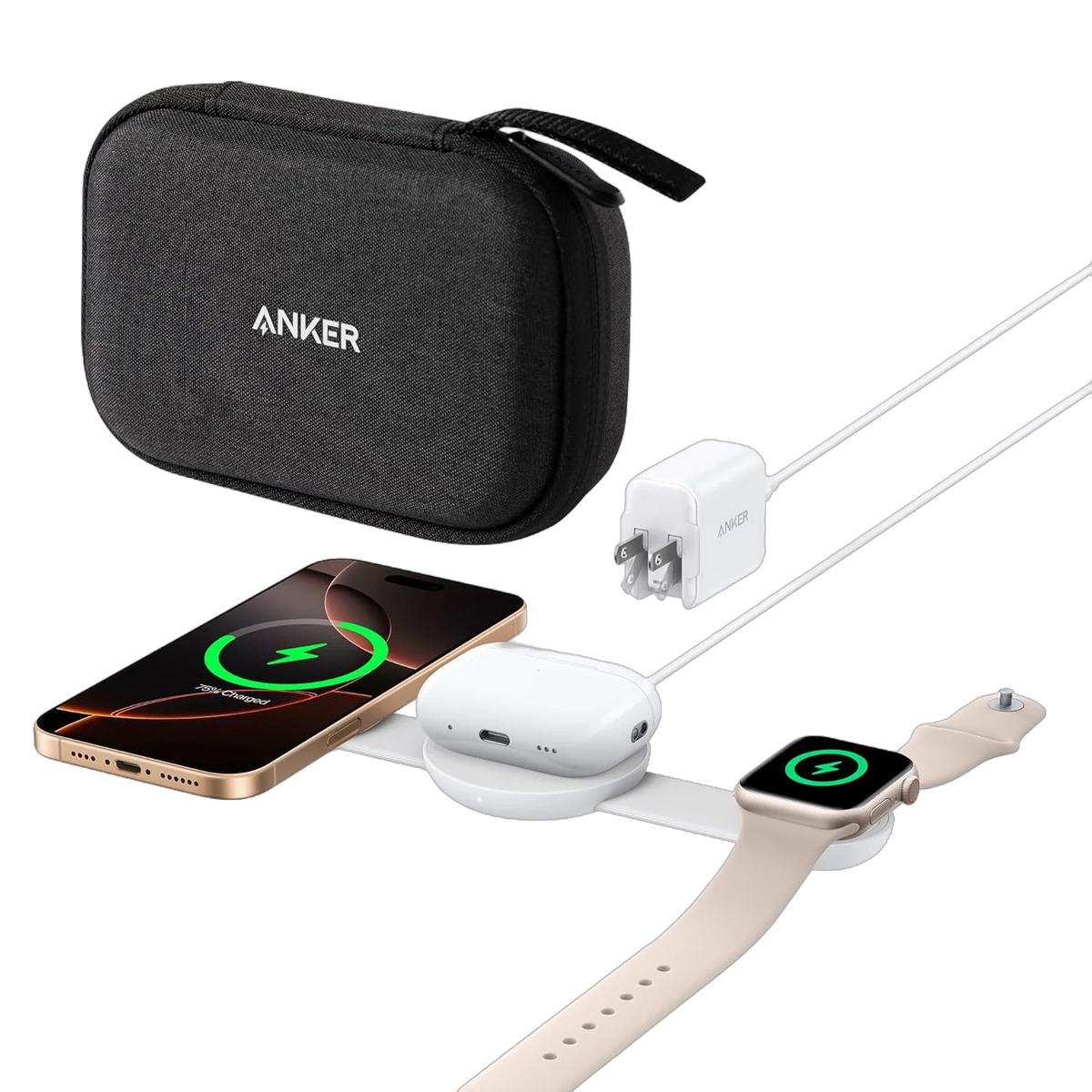 Anker MagGo Wireless Charging Station (3-in-1, Foldable Pad, Aurora White, with Travel Case & Adapter)